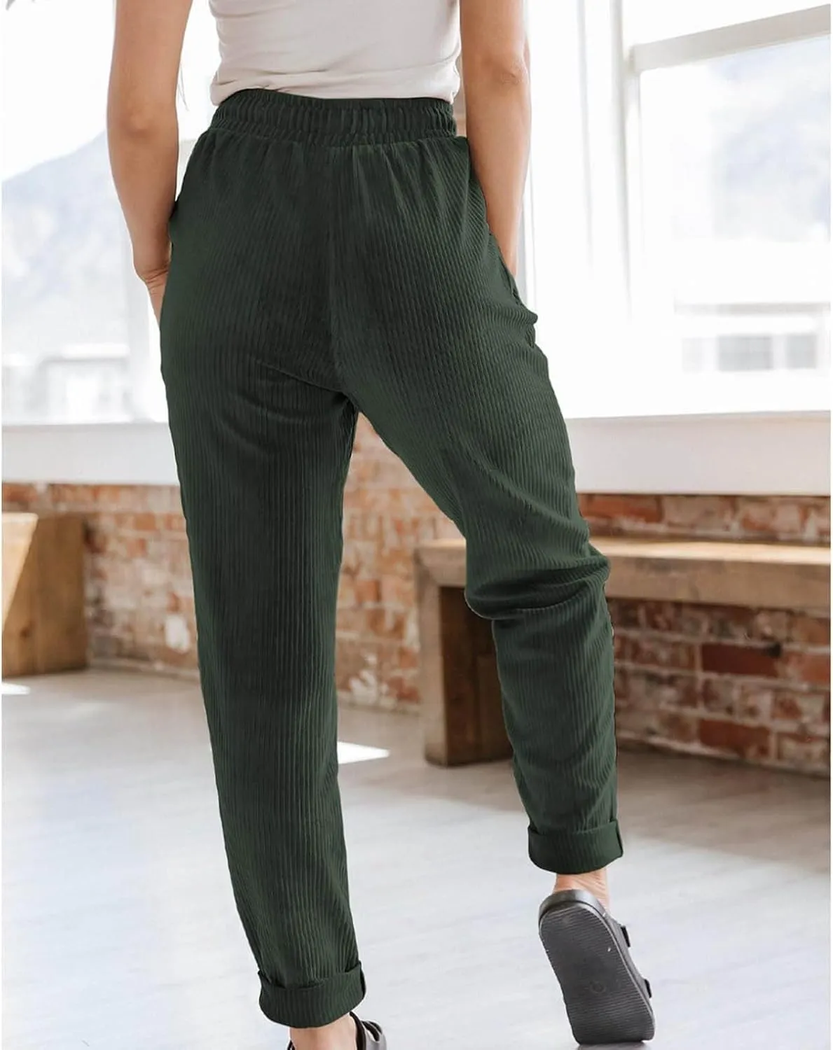 Uillui Lounge Pants for Women Elastic Waist Drawstring Corduroy Trousers Loose Fit Straight Leg Long Pants Comfort Work Pant