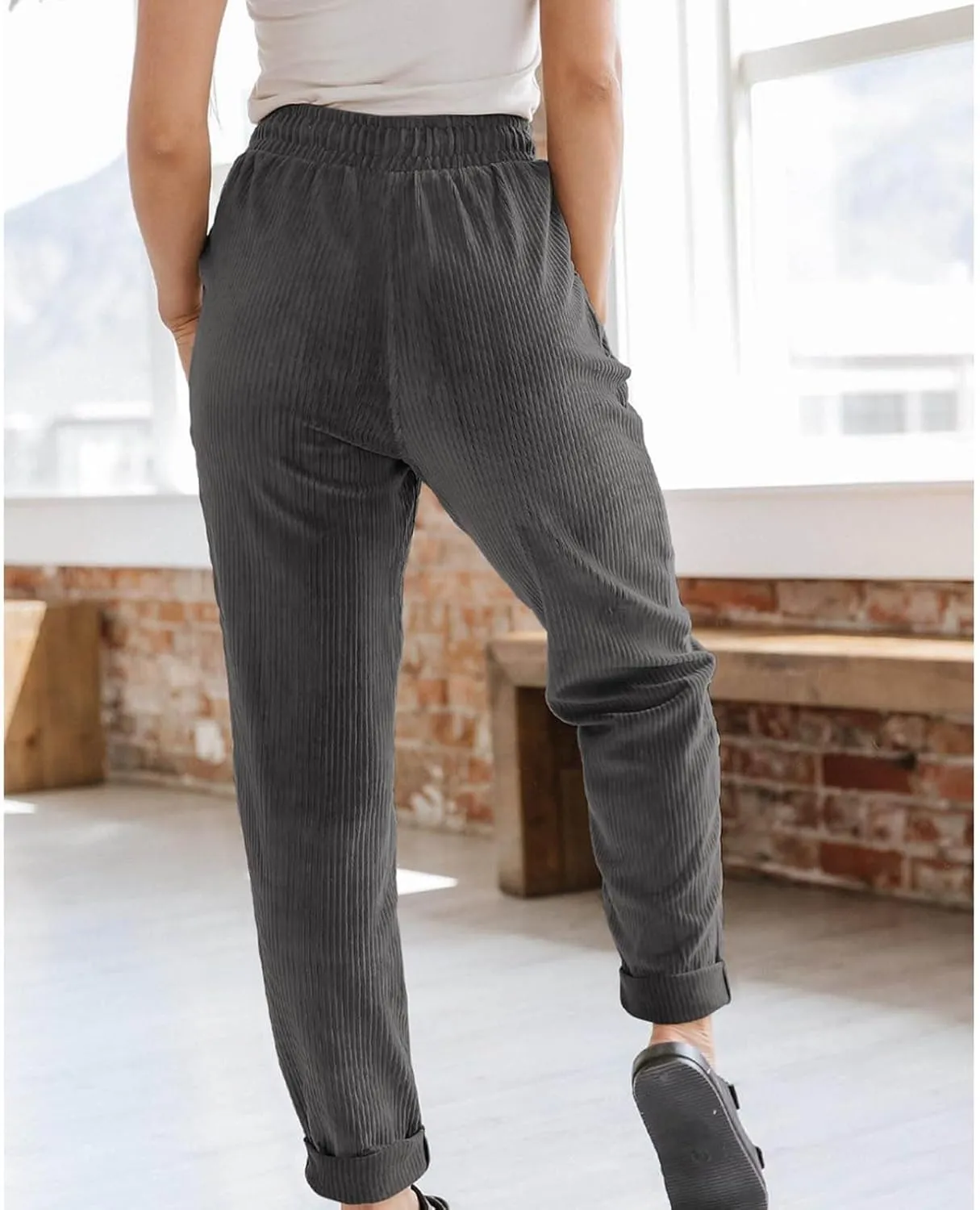 Uillui Lounge Pants for Women Elastic Waist Drawstring Corduroy Trousers Loose Fit Straight Leg Long Pants Comfort Work Pant