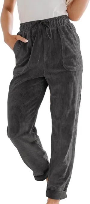 Uillui Lounge Pants for Women Elastic Waist Drawstring Corduroy Trousers Loose Fit Straight Leg Long Pants Comfort Work Pant