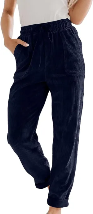Uillui Lounge Pants for Women Elastic Waist Drawstring Corduroy Trousers Loose Fit Straight Leg Long Pants Comfort Work Pant