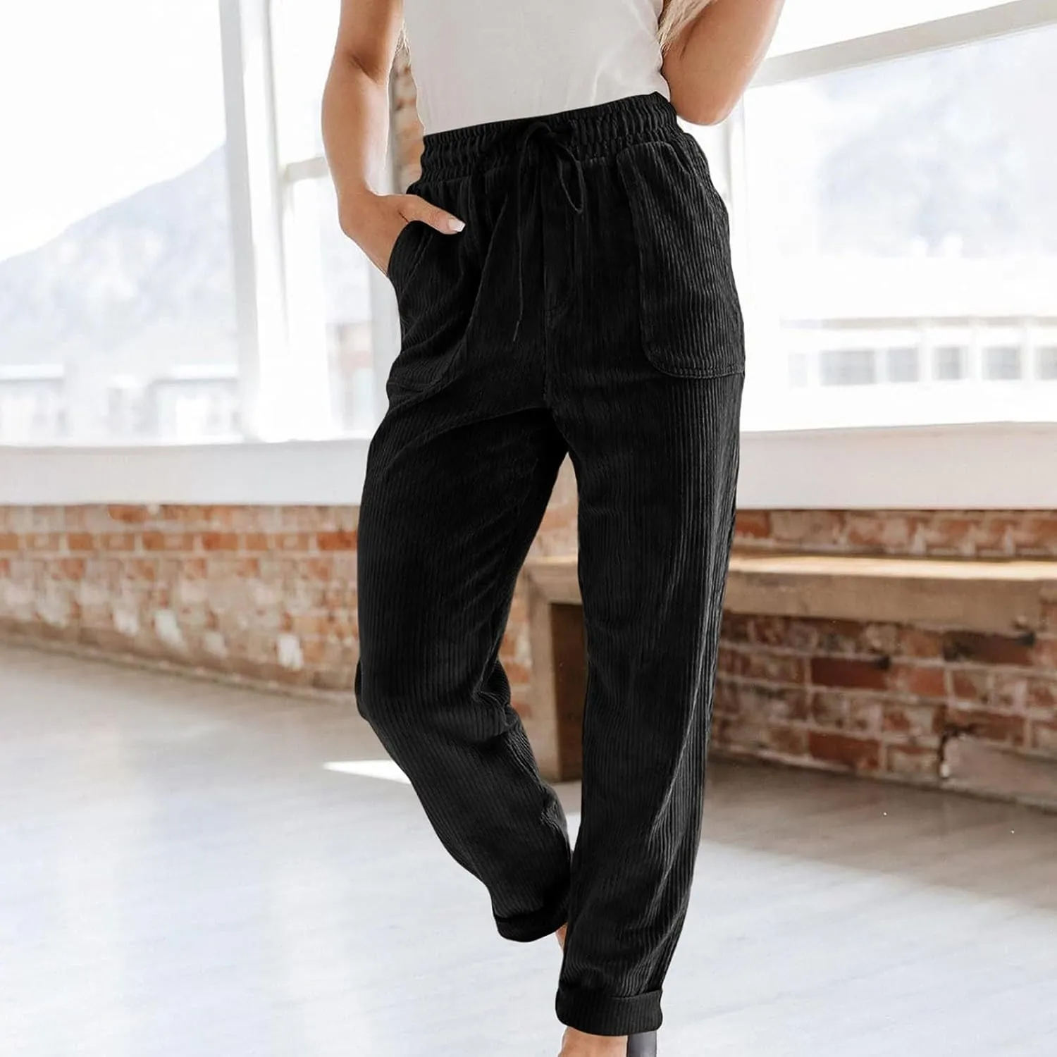Uillui Lounge Pants for Women Elastic Waist Drawstring Corduroy Trousers Loose Fit Straight Leg Long Pants Comfort Work Pant