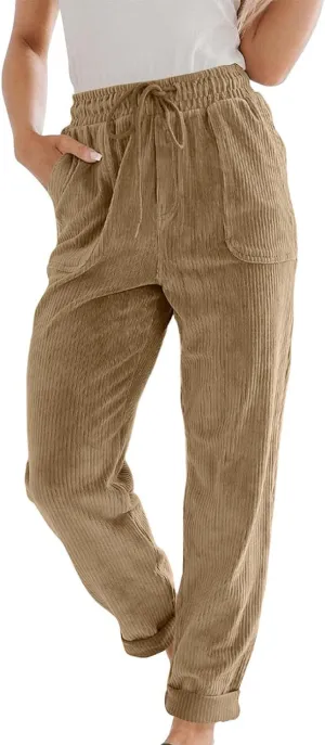 Uillui Lounge Pants for Women Elastic Waist Drawstring Corduroy Trousers Loose Fit Straight Leg Long Pants Comfort Work Pant
