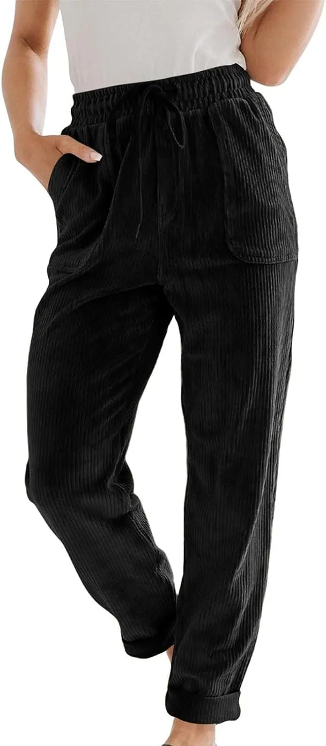Uillui Lounge Pants for Women Elastic Waist Drawstring Corduroy Trousers Loose Fit Straight Leg Long Pants Comfort Work Pant