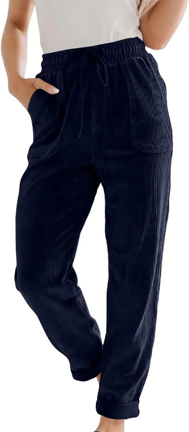 Uillui Lounge Pants for Women Elastic Waist Drawstring Corduroy Trousers Loose Fit Straight Leg Long Pants Comfort Work Pant