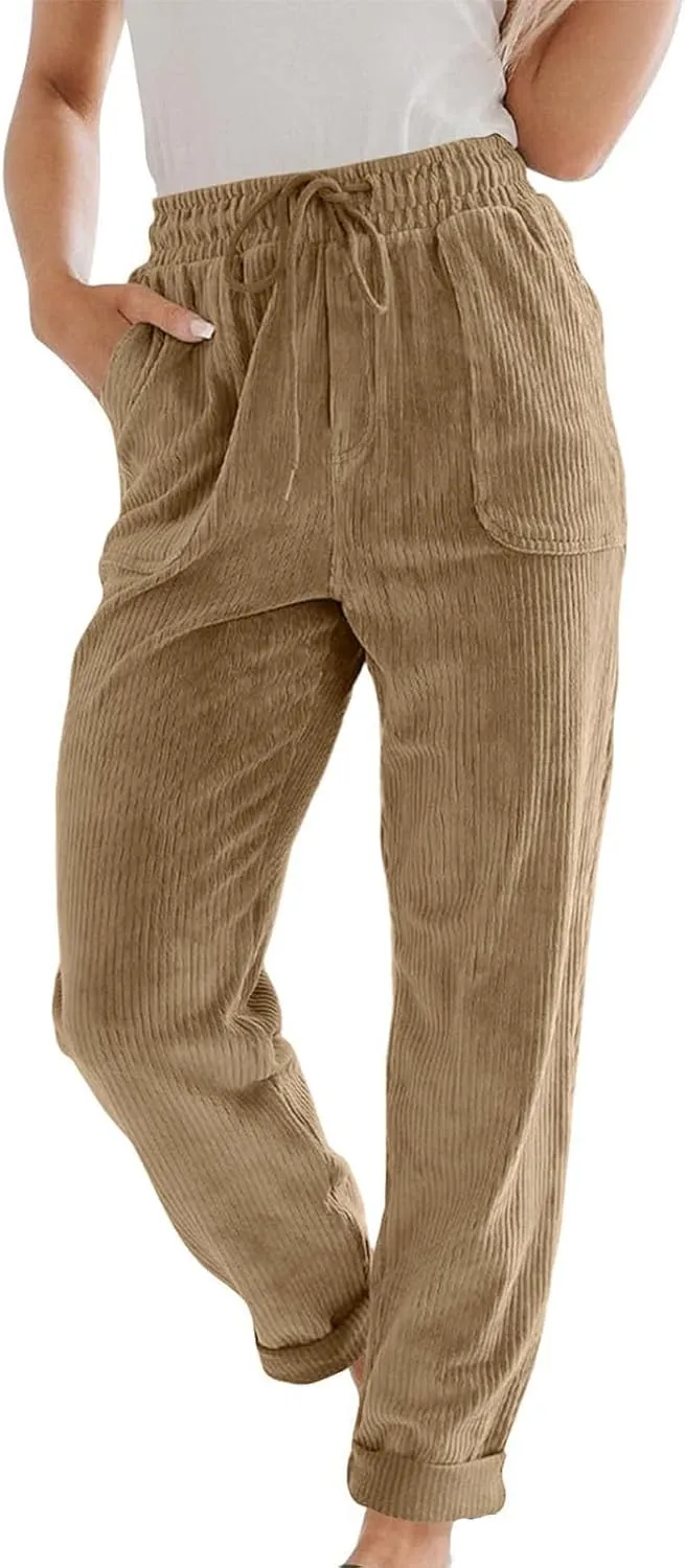 Uillui Lounge Pants for Women Elastic Waist Drawstring Corduroy Trousers Loose Fit Straight Leg Long Pants Comfort Work Pant