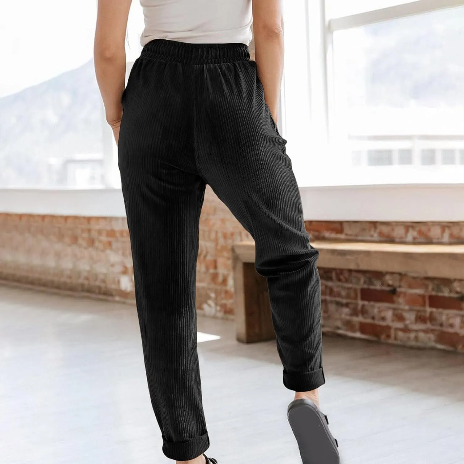 Uillui Lounge Pants for Women Elastic Waist Drawstring Corduroy Trousers Loose Fit Straight Leg Long Pants Comfort Work Pant