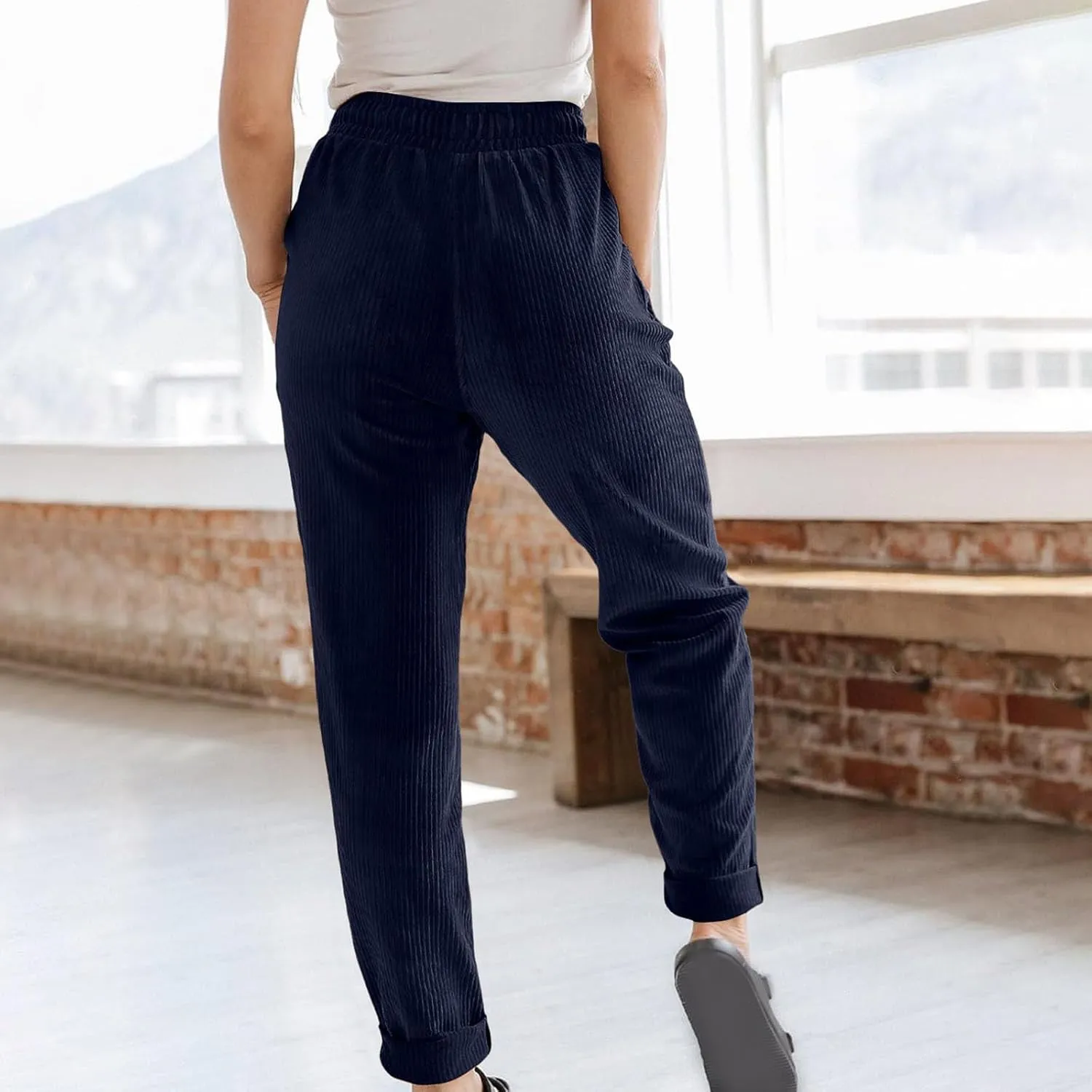 Uillui Lounge Pants for Women Elastic Waist Drawstring Corduroy Trousers Loose Fit Straight Leg Long Pants Comfort Work Pant