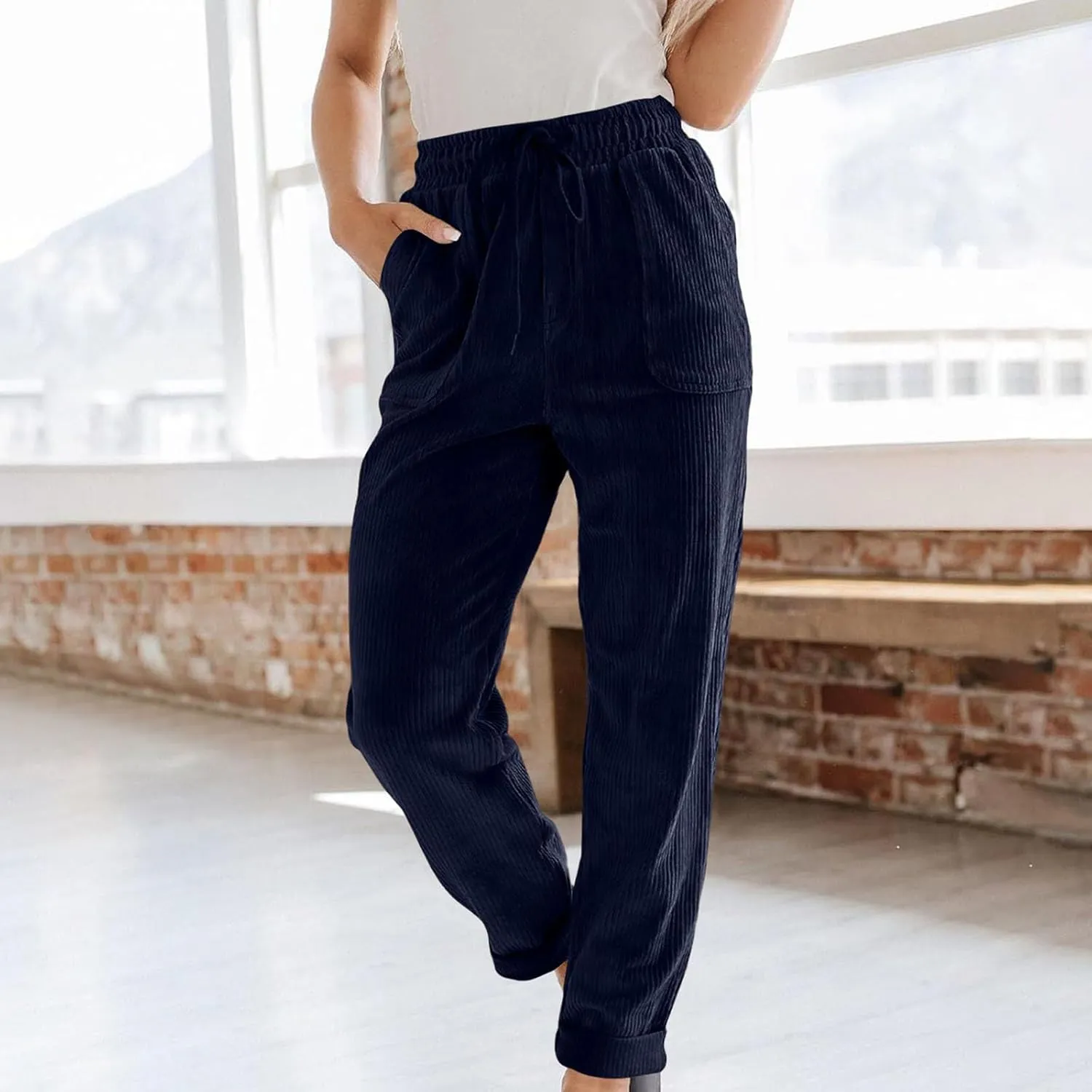 Uillui Lounge Pants for Women Elastic Waist Drawstring Corduroy Trousers Loose Fit Straight Leg Long Pants Comfort Work Pant