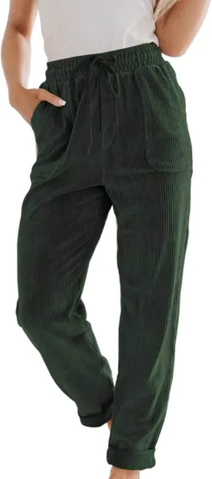 Uillui Lounge Pants for Women Elastic Waist Drawstring Corduroy Trousers Loose Fit Straight Leg Long Pants Comfort Work Pant