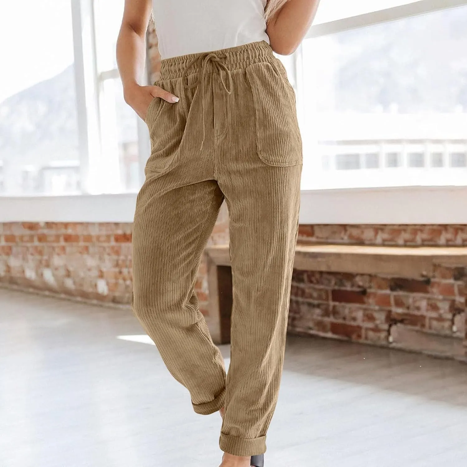 Uillui Lounge Pants for Women Elastic Waist Drawstring Corduroy Trousers Loose Fit Straight Leg Long Pants Comfort Work Pant