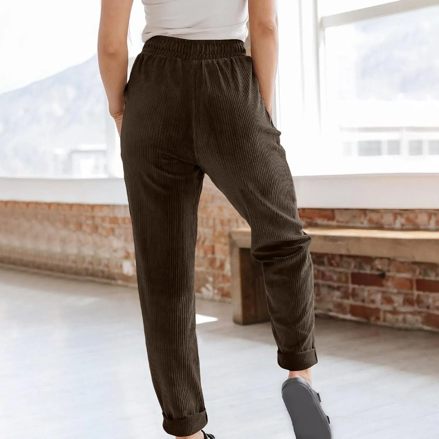 Uillui Lounge Pants for Women Elastic Waist Drawstring Corduroy Trousers Loose Fit Straight Leg Long Pants Comfort Work Pant