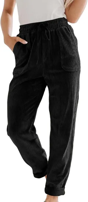Uillui Lounge Pants for Women Elastic Waist Drawstring Corduroy Trousers Loose Fit Straight Leg Long Pants Comfort Work Pant