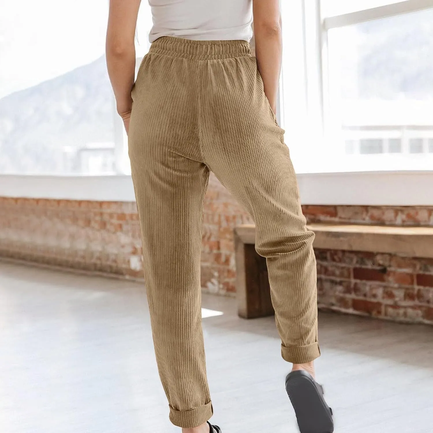 Uillui Lounge Pants for Women Elastic Waist Drawstring Corduroy Trousers Loose Fit Straight Leg Long Pants Comfort Work Pant