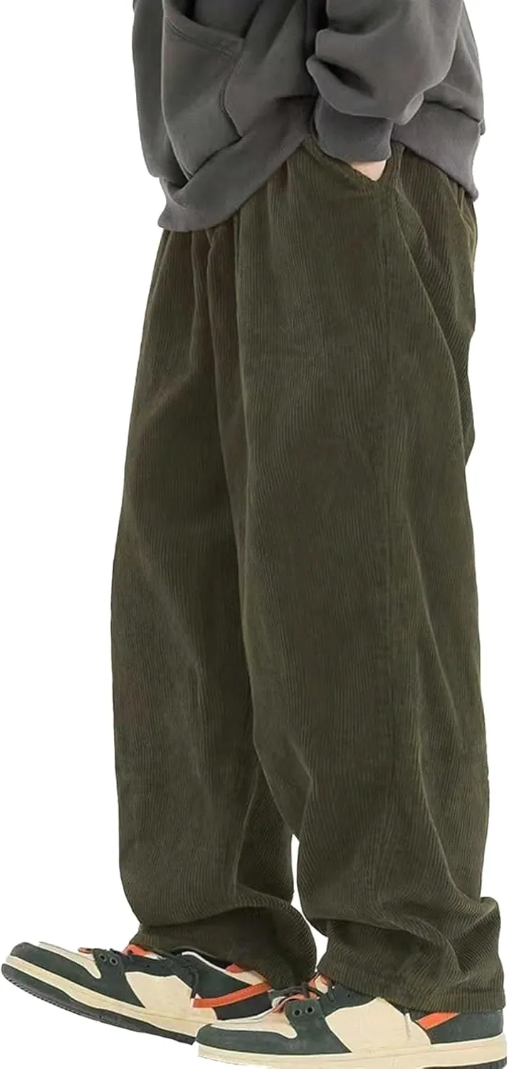 Verdusa Men's Elastic Waist Loose Straight Leg Corduroy Pants Trousers