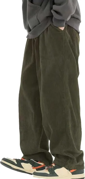 Verdusa Men's Elastic Waist Loose Straight Leg Corduroy Pants Trousers