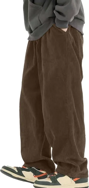 Verdusa Men's Elastic Waist Loose Straight Leg Corduroy Pants Trousers