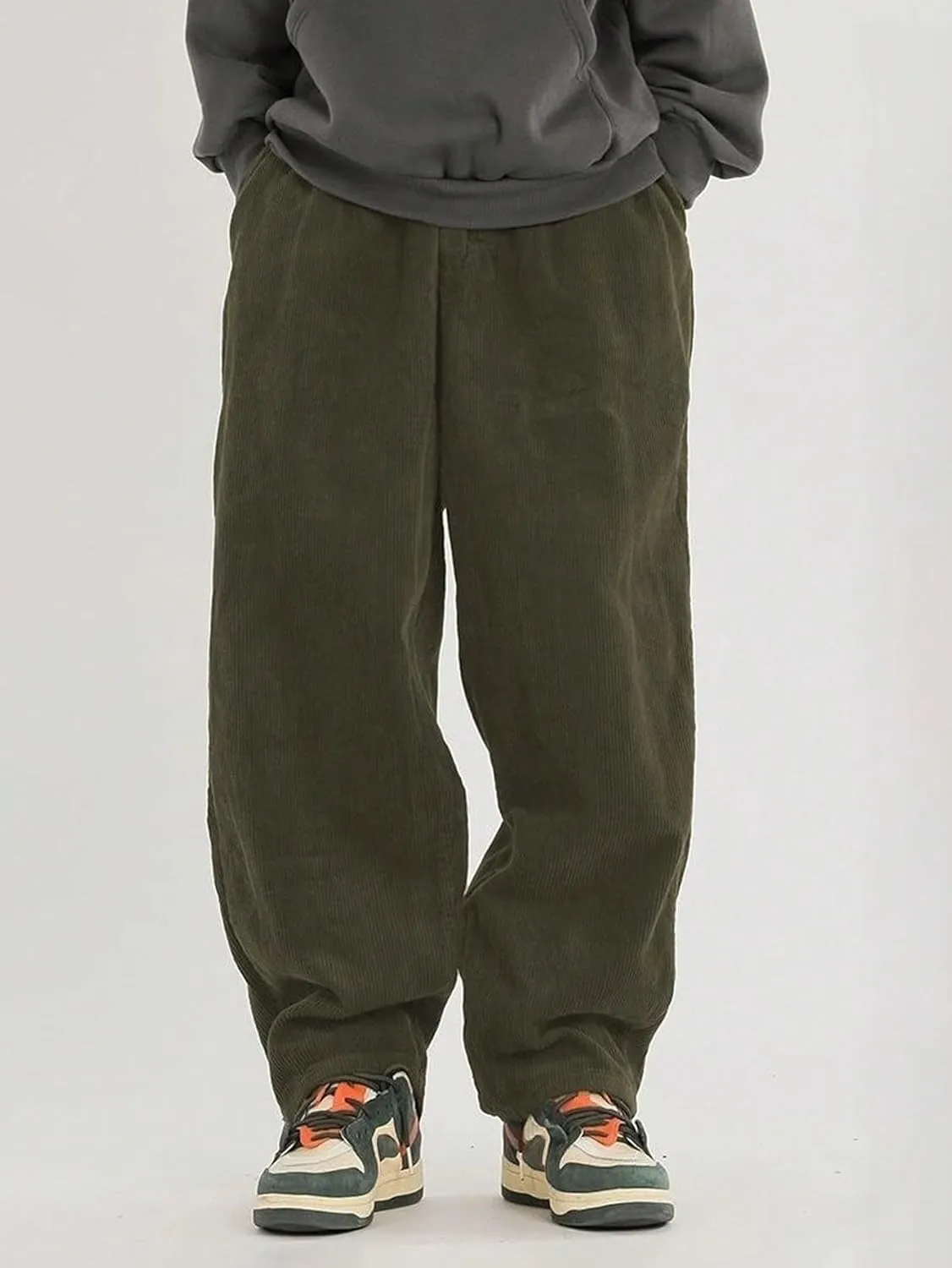 Verdusa Men's Elastic Waist Loose Straight Leg Corduroy Pants Trousers