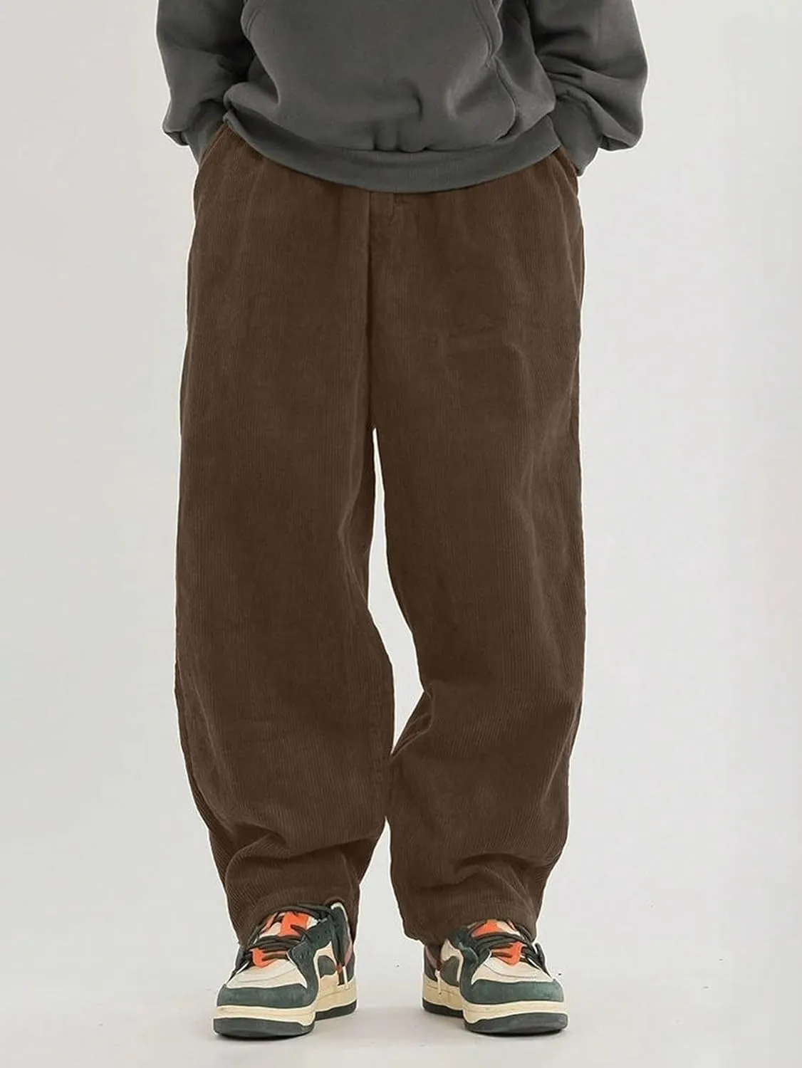 Verdusa Men's Elastic Waist Loose Straight Leg Corduroy Pants Trousers