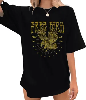 Vintage Rock Band Oversized Shirts: Women Retro Eagle Graphic Shirt Rock Music Concert Tee Casual Short Sleeve Top