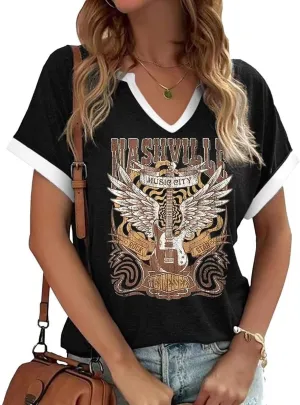 Vintage Rock Band T Shirt for Women Fashion Musical Tees Casual Sexy Notched V-Neck T Shirts Country Music Short Sleeve Tees…
