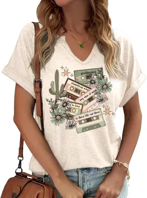 Vintage Rock Band T Shirt for Women Fashion Musical Tees Casual Sexy Notched V-Neck T Shirts Country Music Short Sleeve Tees…