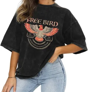 Vintage Rock Band T-Shirts for Women Retro Free Bird Eagle Graphic Country Music Tees Casual Loose Short Sleeve Tops