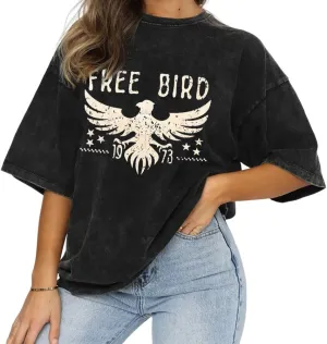 Vintage Rock Band T-Shirts for Women Retro Free Bird Eagle Graphic Country Music Tees Casual Loose Short Sleeve Tops