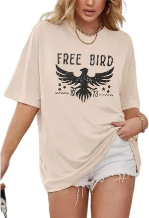 Vintage Rock Band T-Shirts for Women Retro Free Bird Eagle Graphic Country Music Tees Casual Loose Short Sleeve Tops