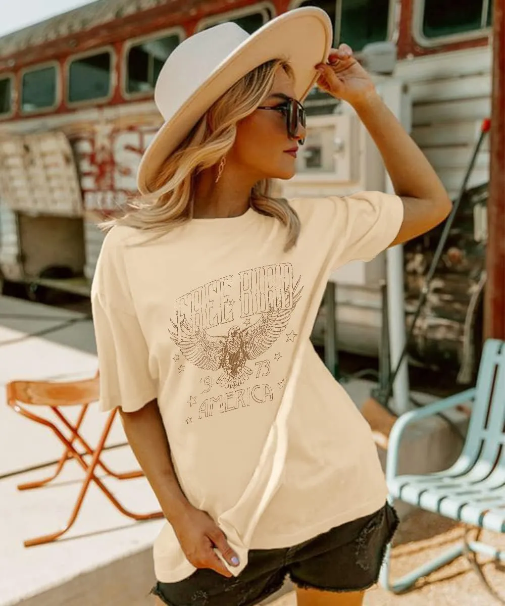 Vintage Rock Band T-Shirts for Women Retro Free Bird Eagle Graphic Country Music Tees Casual Loose Short Sleeve Tops