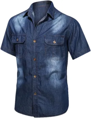 Vintage Washed Denim Shirts Men Slim Casual Short Sleeve Shirt Summer Male Blue Big Size Shirt