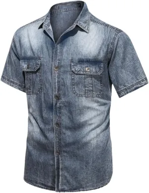 Vintage Washed Denim Shirts Men Slim Casual Short Sleeve Shirt Summer Male Blue Big Size Shirt