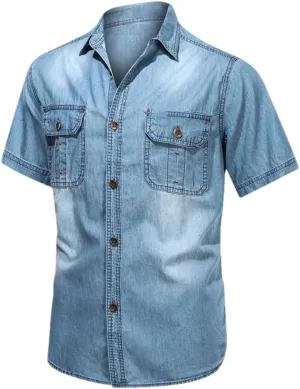 Vintage Washed Denim Shirts Men Slim Casual Short Sleeve Shirt Summer Male Blue Big Size Shirt