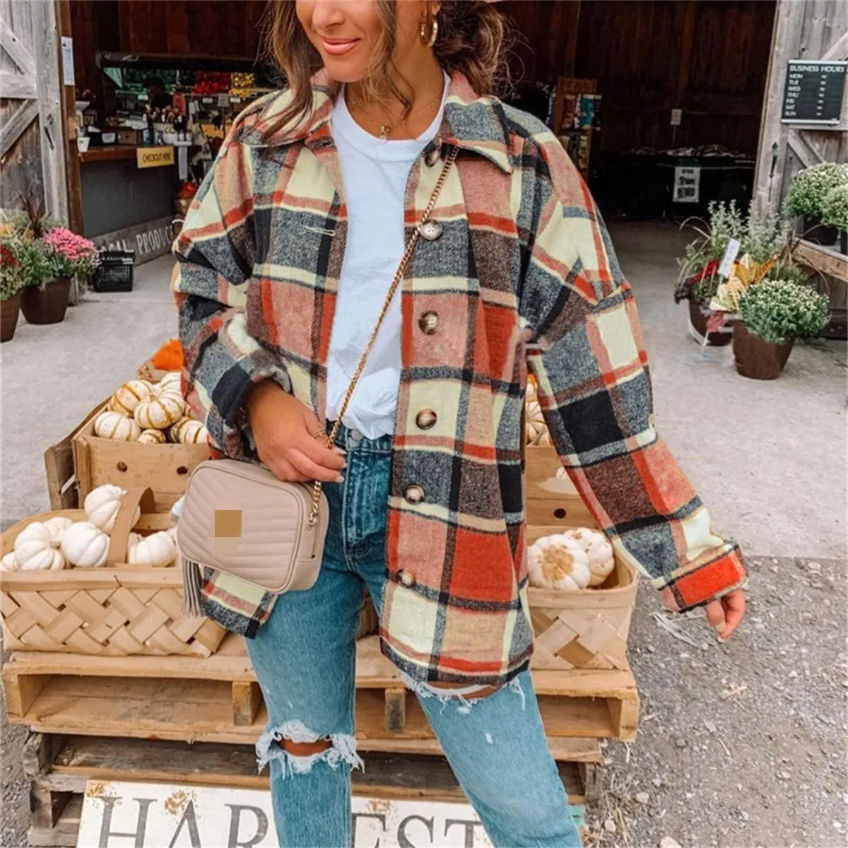 Wankang Womens 2023 Flannel Plaid Shirts Long Sleeve Casual Lapel Button Down Boyfriend Shacket Tartan Jacket Loose Fall Coat