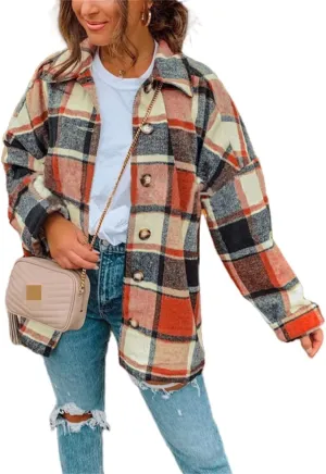 Wankang Womens 2023 Flannel Plaid Shirts Long Sleeve Casual Lapel Button Down Boyfriend Shacket Tartan Jacket Loose Fall Coat