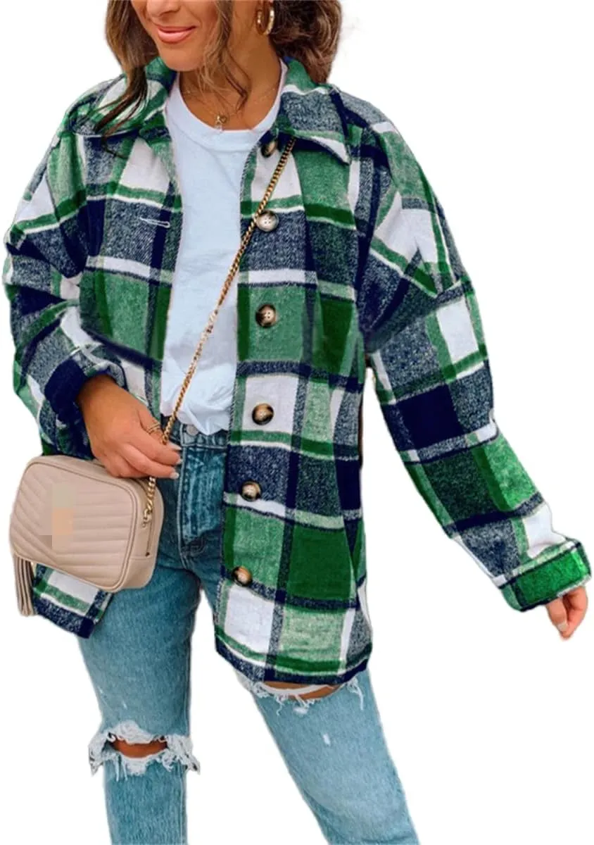 Wankang Womens 2023 Flannel Plaid Shirts Long Sleeve Casual Lapel Button Down Boyfriend Shacket Tartan Jacket Loose Fall Coat