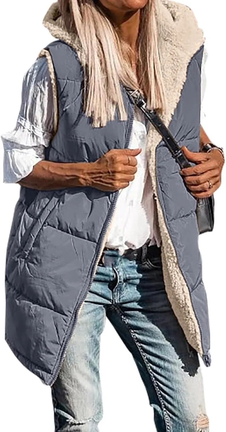 Wankang Womens Fuzzy Fleece Lined Vest Reversible Sherpa Full Zip Jacket Lightweight Warm Quilted Sleeveless Outwear Pockets