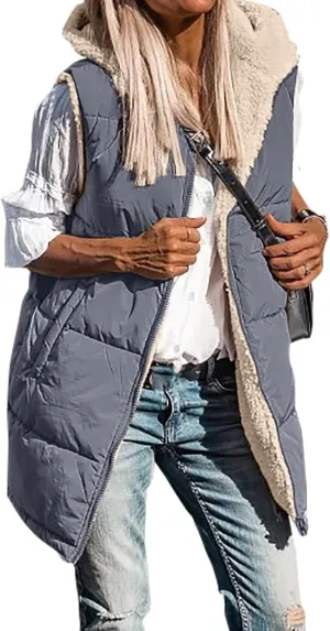 Wankang Womens Fuzzy Fleece Lined Vest Reversible Sherpa Full Zip Jacket Lightweight Warm Quilted Sleeveless Outwear Pockets