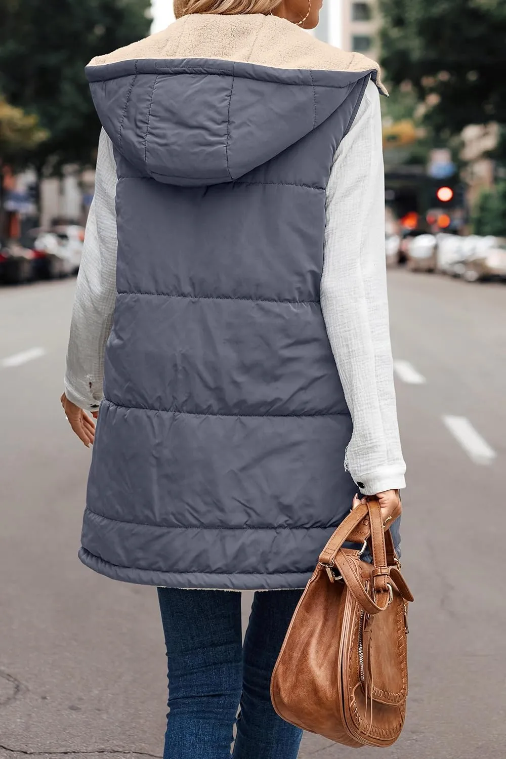 Wankang Womens Fuzzy Fleece Lined Vest Reversible Sherpa Full Zip Jacket Lightweight Warm Quilted Sleeveless Outwear Pockets