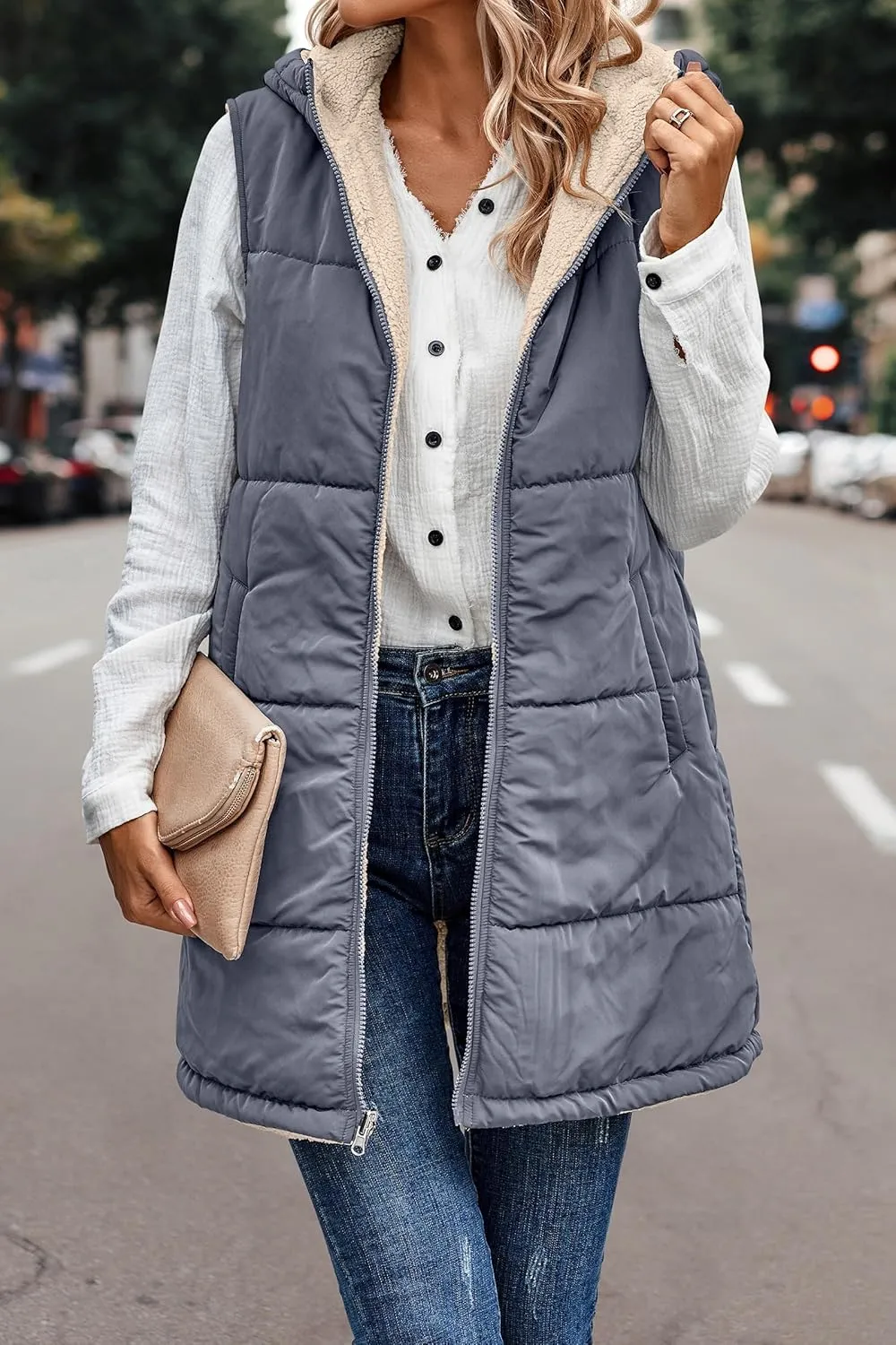 Wankang Womens Fuzzy Fleece Lined Vest Reversible Sherpa Full Zip Jacket Lightweight Warm Quilted Sleeveless Outwear Pockets