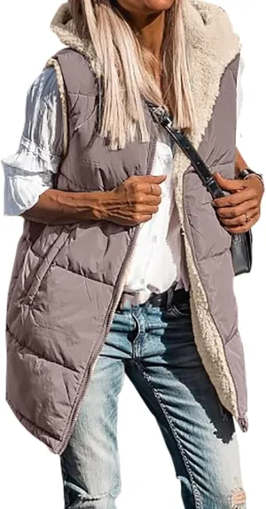 Wankang Womens Fuzzy Fleece Lined Vest Reversible Sherpa Full Zip Jacket Lightweight Warm Quilted Sleeveless Outwear Pockets