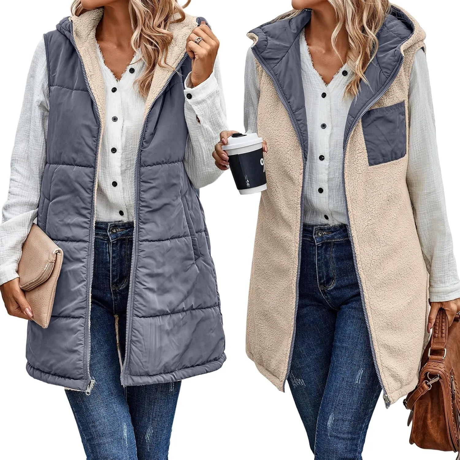 Wankang Womens Fuzzy Fleece Lined Vest Reversible Sherpa Full Zip Jacket Lightweight Warm Quilted Sleeveless Outwear Pockets