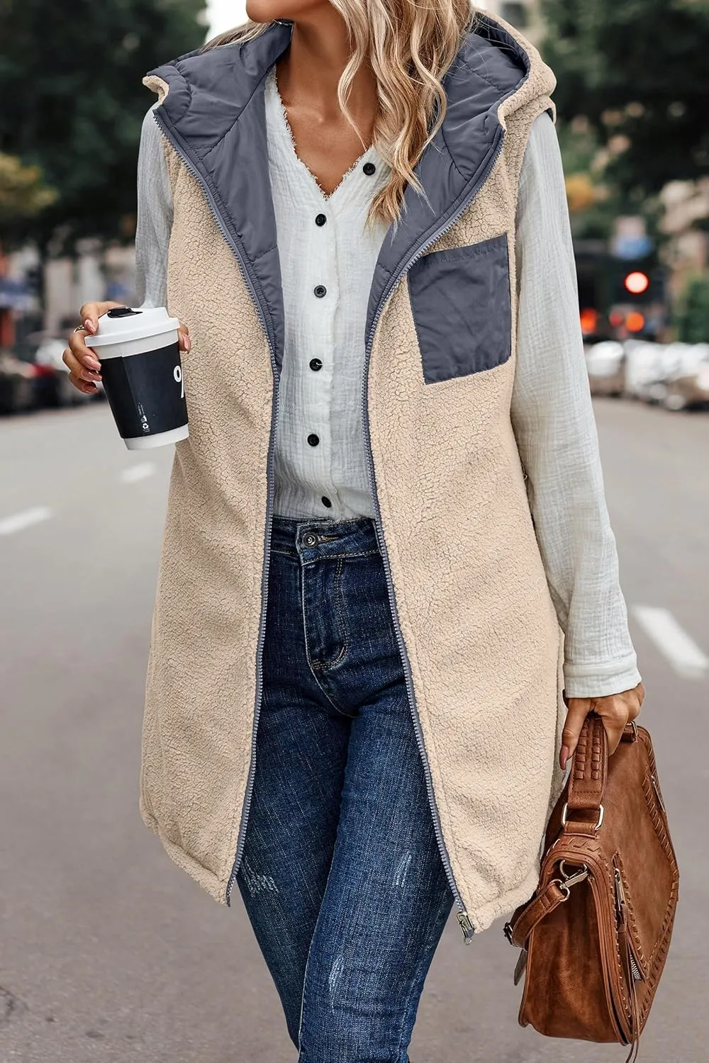 Wankang Womens Fuzzy Fleece Lined Vest Reversible Sherpa Full Zip Jacket Lightweight Warm Quilted Sleeveless Outwear Pockets