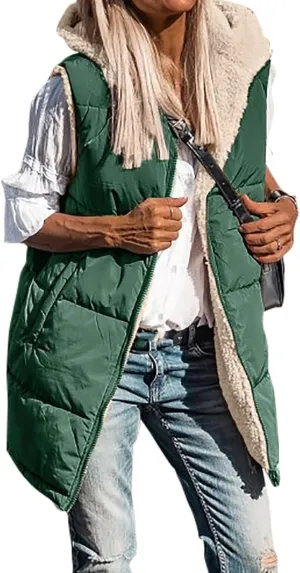 Wankang Womens Fuzzy Fleece Lined Vest Reversible Sherpa Full Zip Jacket Lightweight Warm Quilted Sleeveless Outwear Pockets