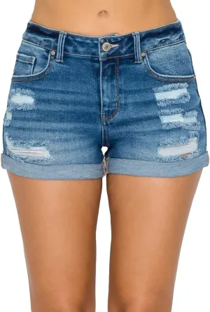 WAX JEAN Collection High Waisted Cuffed Distressed Denim Shorts