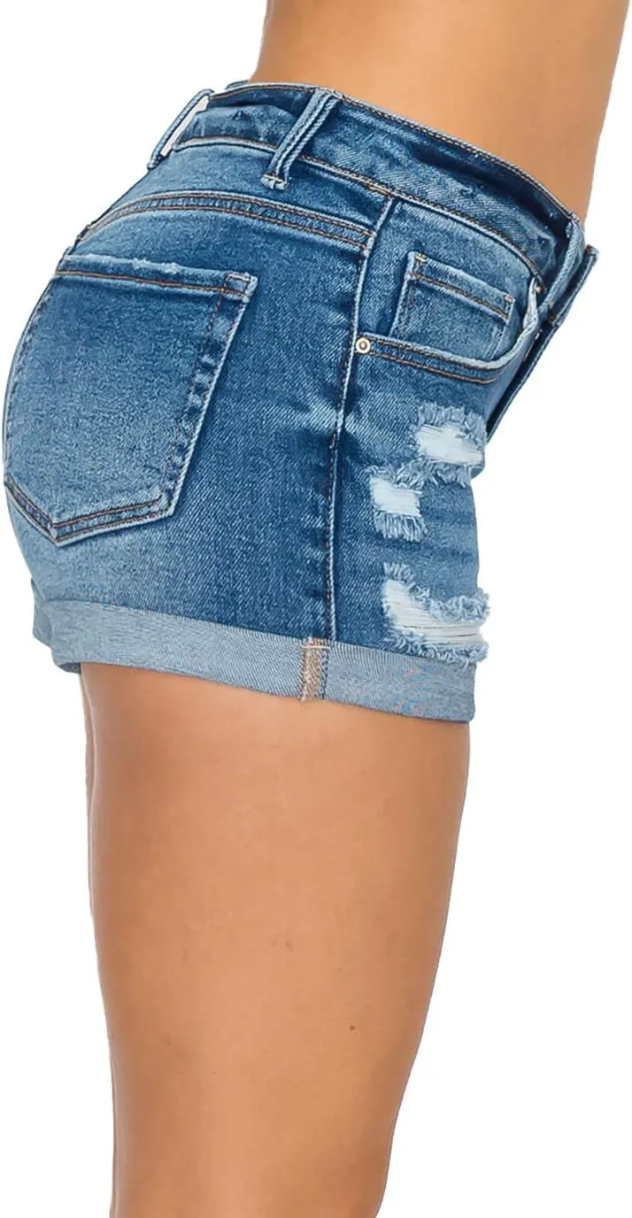 WAX JEAN Collection High Waisted Cuffed Distressed Denim Shorts