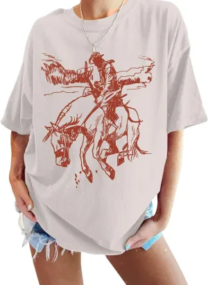 Western Cowboy Shirts for Women Oversized Vintage Rodeo Graphic Tees Boho Country Music Cute Cowgirl Summer Tops