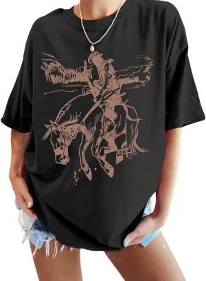 Western Cowboy Shirts for Women Oversized Vintage Rodeo Graphic Tees Boho Country Music Cute Cowgirl Summer Tops