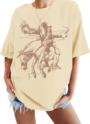 Western Cowboy Shirts for Women Oversized Vintage Rodeo Graphic Tees Boho Country Music Cute Cowgirl Summer Tops