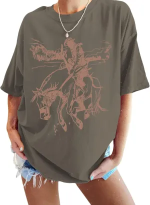 Western Cowboy Shirts for Women Oversized Vintage Rodeo Graphic Tees Boho Country Music Cute Cowgirl Summer Tops