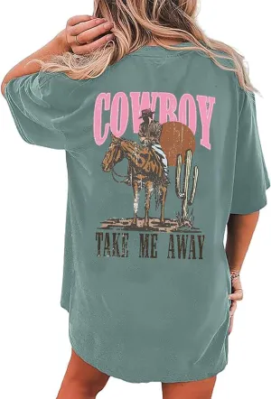 Western Cowboy Shirts for Women Vintage Rodeo Oversized Graphic Tees Country Music Shirt Short Sleeve Cowgirl Tops
